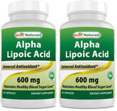 Best Naturals Alpha Lipoic Acid 600 mg bottle front with label; antioxidant support.