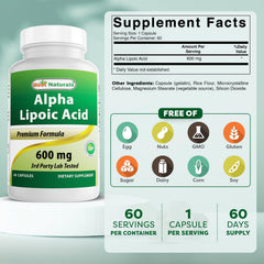 Best Naturals Alpha Lipoic Acid 600 mg bottle beside cap; easy daily use.