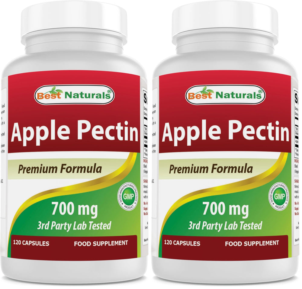 Best Naturals Apple Pectin 700 mg bottle close-up emphasizes quality label for daily use.