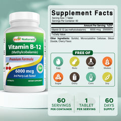 Best Naturals B-12 tablet back with dosage details.