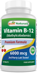 Best Naturals B-12 tablet front view, 6000 mcg dosage.