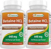 Best Naturals Betaine HCL 648mg bottle front view highlights potency for daily use.