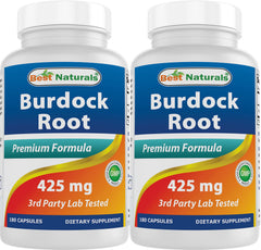 Best Naturals Burdock Root 425 mg bottle highlighting clear labeling and dosage details.
