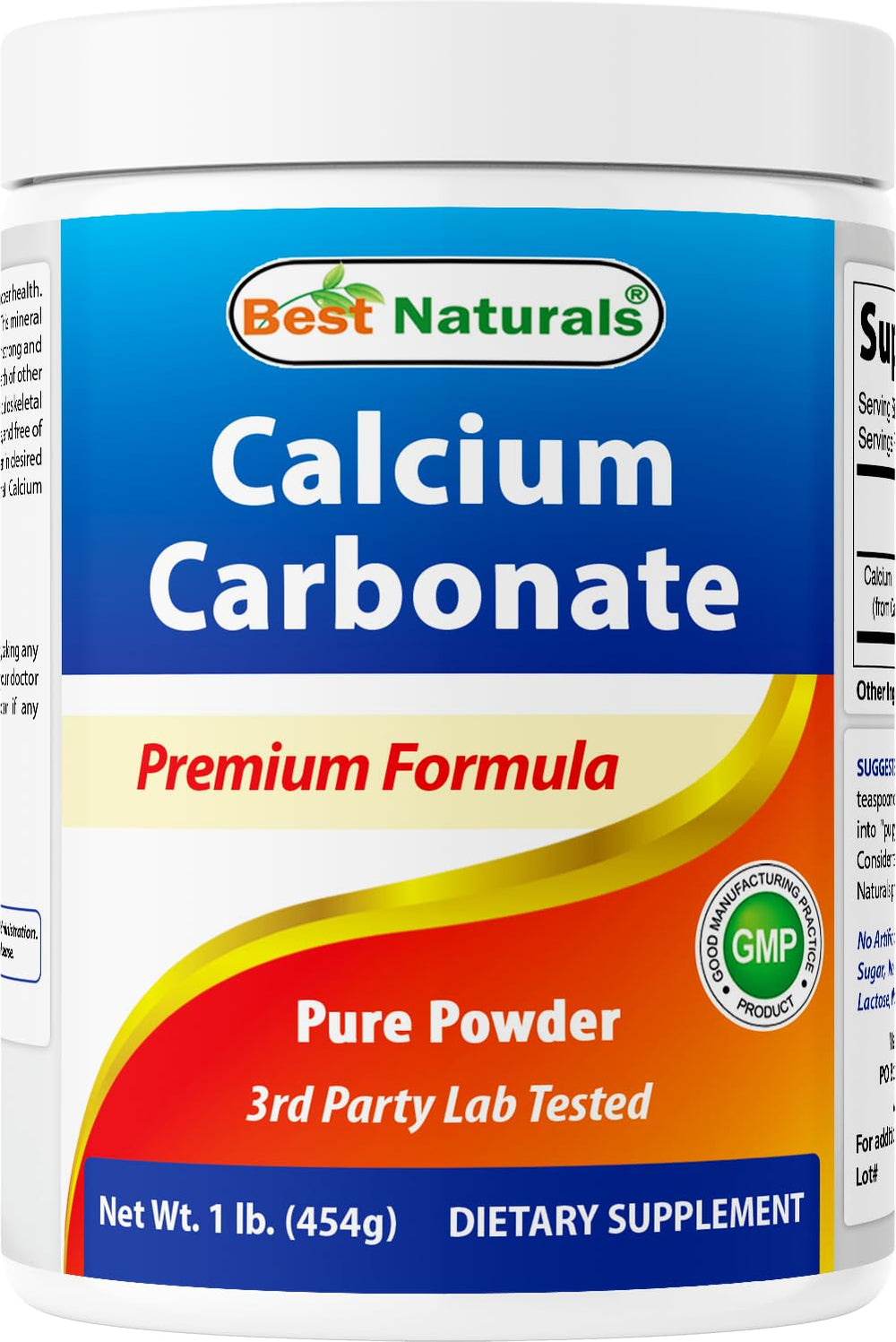 Best Naturals Calcium Carbonate Powder bottle front emphasizes purity and value.