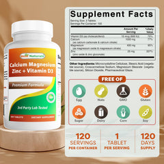 Best Naturals label close-up highlighting calcium and D3 for absorption and daily wellness
