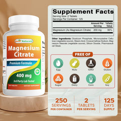 Tabletas de Best Naturals Citrato de Magnesio, 400 mg por porción.