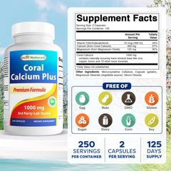 Close-up of Best Naturals Coral Calcium Plus bottle label highlighting purity and quality