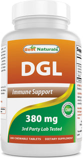 Best Naturals DGL Chewable 380 mg bottle front shows brand and purity.