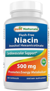 Best Naturals flush-free niacin bottle with 180 capsules for daily use.