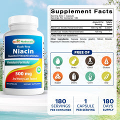 Close-up of Best Naturals flush-free niacin capsules ready to swallow.
