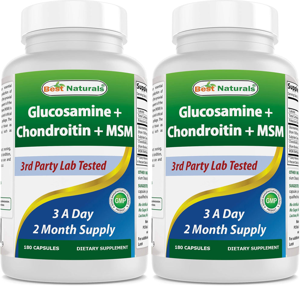 Best Naturals glucosamine chondroitin MSM bottle label highlights non-GMO formula.