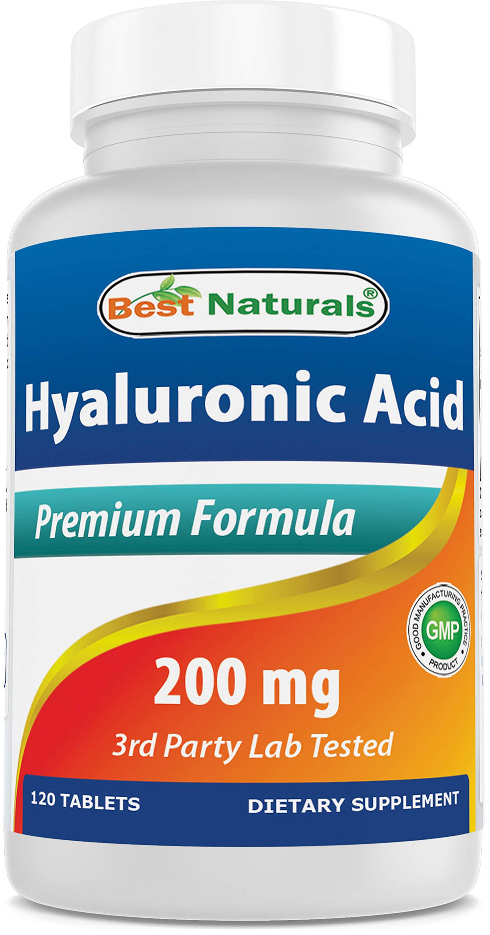 Best Naturals Hyaluronic Acid bottle front shows 200 mg dosage for daily skin hydration