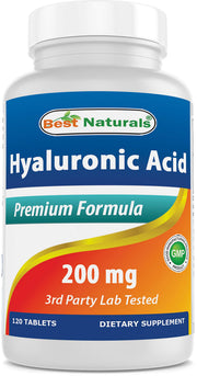 Best Naturals Hyaluronic Acid bottle front shows 200 mg dosage for daily skin hydration