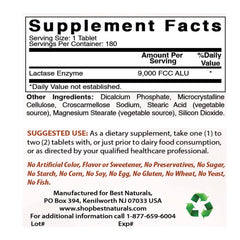 Close-up of Best Naturals lactase enzyme tablets highlighting fast-acting digestion aid.