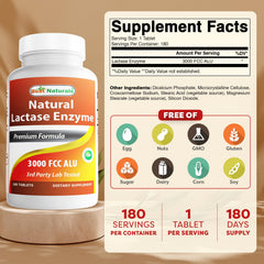 Best Naturals lactase tablet bottle back showing dosage and purity notes.