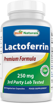 Best Naturals Lactoferrin 250 mg capsule bottle on shelf highlighting purity and immune support
