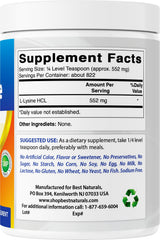 GMP and FDA-certified facility badge on Best Naturals Lysine Powder