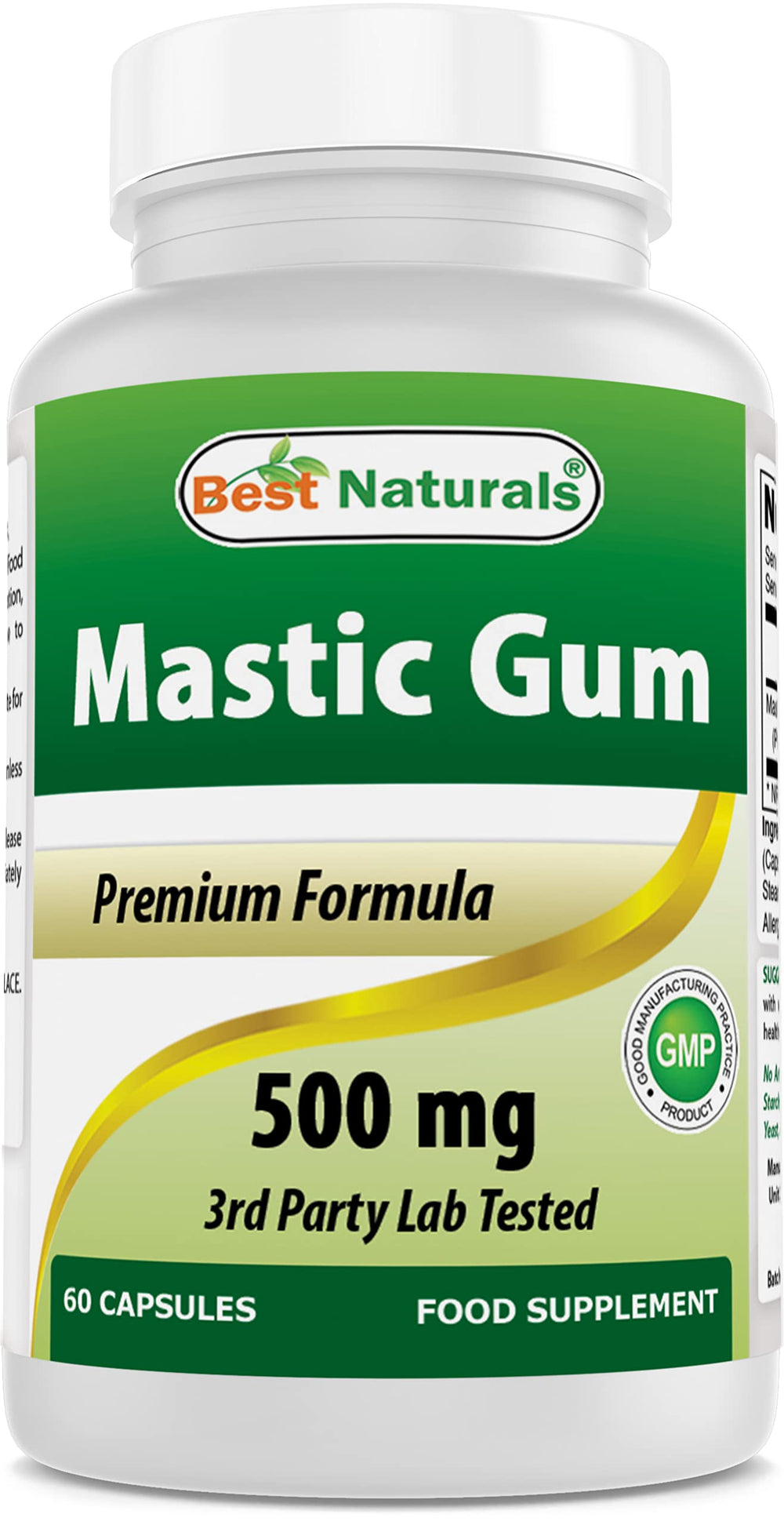 Best Naturals Mastic Gum 500 mg bottle shown for digestive and oral health support