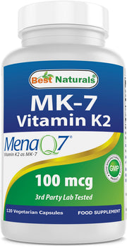 Best Naturals MK-7 Vitamin K2 bottle front highlighting high-potency vegetarian supplement.
