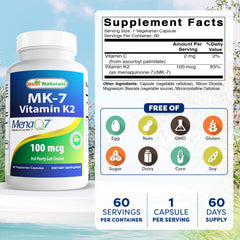 Best Naturals MK-7 100mcg capsules close-up; vegetarian capsules for easy swallowing