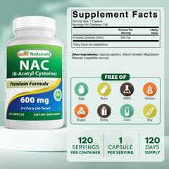 Best Naturals NAC 600 mg capsules closeup shows uniform capsules for consistent dosing.