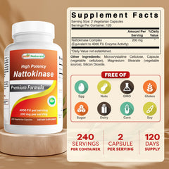 Best Naturals nattokinase label shows 200 mg per serving for easy dosing.