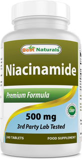 Best Naturals Niacinamide 500mg bottle front view highlighting the non-flush form.