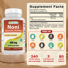 Best Naturals Noni 400 mg capsules label closeup showing purity seals