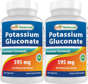 Best Naturals Potassium Gluconate bottle with 595 mg tablets for daily supplementation.