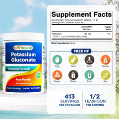Best Naturals potassium gluconate powder serving cup showing 1.1 g per serving