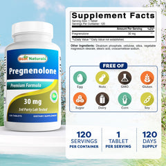 Best Naturals Pregnenolone 30 mg tablets bottle back label highlighting purity and ingredients