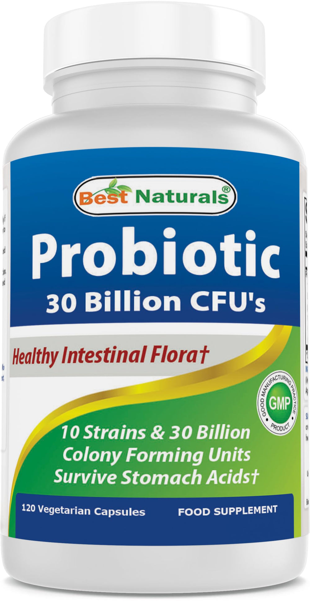 Best Naturals probiotic bottle with 120 veggie capsules for daily digestive support.