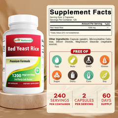 Best Naturals Red Yeast Rice label front highlights 1200mg per serving for cardiovascular wellness