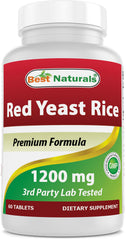 Best Naturals Red Yeast Rice bottle label shows 1200 mg per tablet for daily use