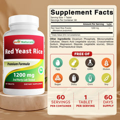 Best Naturals Red Yeast Rice tablet close-up showing 1200 mg potency.