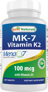 Best Naturals Vitamin K2 MK7 with D3 bottle front highlights potential bone and heart health support.