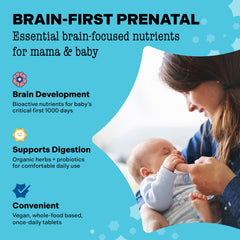 Mama Bird prenatal label highlights vegan, gluten-free, and non-GMO formula.