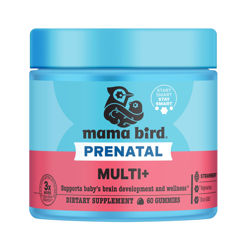 Best Nest Wellness Mama Bird Prenatal Multi Plus bottle with strawberry flavor boosts daily energy.
