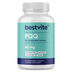 Bestvite PQQ 40mg bottle on shelf highlights energy support and vegan formula.