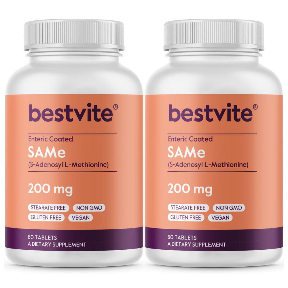 Bestvite SAM-e 200mg bottle front view emphasizing enteric coating for stability.
