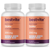 Bestvite SAM-e 200mg bottle front view emphasizing enteric coating for stability.