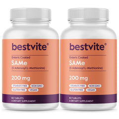 Bestvite SAM-e 200mg bottle front view emphasizing enteric coating for stability.