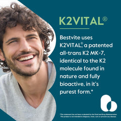 Close-up of BESTVITE K2 capsules highlighting vegan, clean ingredients