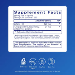 Closeup of Betaine HCl Pepsin digestive capsules for meal-time digestion.