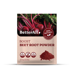 Better Alt beet root powder bag closeup showing organic label and purity.