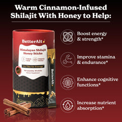 Better Alt Shilajit Himalayan Cinnamon Honey Stick with honey glow for on-the-go energy