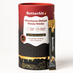 Better Alt Shilajit Himalayan Cinnamon Honey Stick packaging illustrating convenient daily energy support