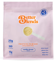 Better Blends Vanilla Dream tub with serving options for gut-friendly plant protein.