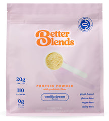 Better Blends Vanilla Dream tub with serving options for gut-friendly plant protein.