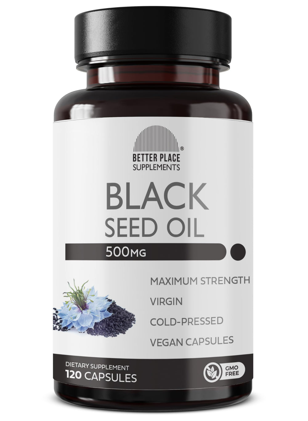 BETTER PLACE ORGANICS Black Seed Oil Capsules bottle front view for daily antioxidant support.